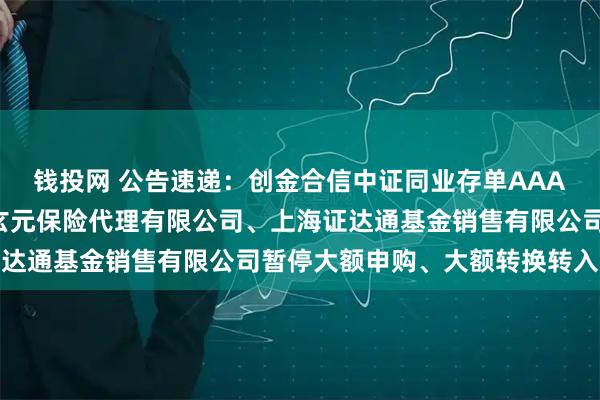 钱投网 公告速递：创金合信中证同业存单AAA指数7天持有期基金在玄元保险代理有限公司、上海证达通基金销售有限公司暂停大额申购、大额转换转入业务